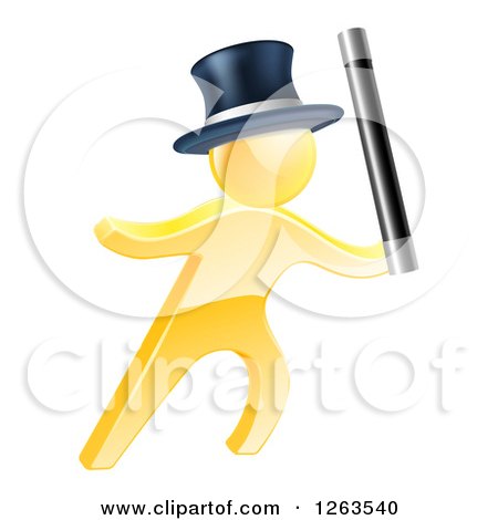 Clipart of a 3d Gold Magic Man Holding up a Wand - Royalty Free Vector Illustration by AtStockIllustration