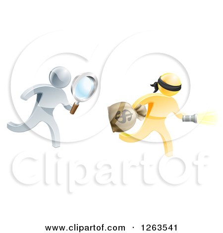 Clipart of a 3d Silver Detective Chasing a Gold Robber with a Magnifying Glass - Royalty Free Vector Illustration by AtStockIllustration