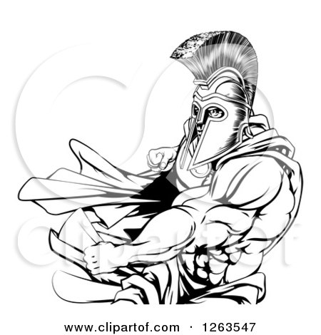 Clipart of an Angry Black and White Strong Spartan Warrior Punching - Royalty Free Vector Illustration by AtStockIllustration