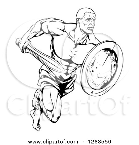 Clipart of a Black and White Muscular Gladiator Running with a Sword - Royalty Free Vector Illustration by AtStockIllustration