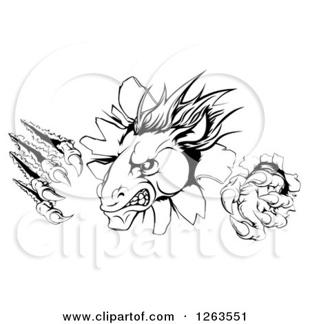 Clipart of a Black and White Aggressive Horse Stallion Breaking Through a Wall with Claws - Royalty Free Vector Illustration by AtStockIllustration