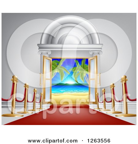 Clipart of a 3d Red Carpet Leading to a Doroway with a Tropical Beach - Royalty Free Vector Illustration by AtStockIllustration