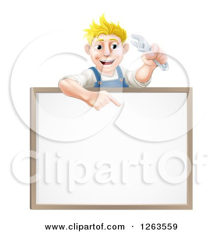 Clipart of a Happy Blond White Mechanic Man Holding a Wrench over a White Board Sign - Royalty Free Vector Illustration by AtStockIllustration
