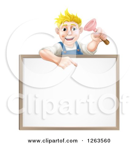 Clipart of a Blond White Male Plumber Holding a Plunger and Pointing down at a White Board Sign - Royalty Free Vector Illustration by AtStockIllustration