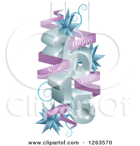 Clipart of a 3d 2015 Suspended with Star Ornaments and a Happy New Year Greeting Banner - Royalty Free Vector Illustration by AtStockIllustration