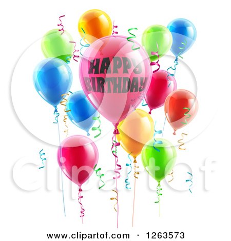 Clipart of 3d Party Balloons and Confetti Ribbons with Happy Birthday Text - Royalty Free Vector Illustration by AtStockIllustration