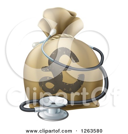 Clipart of a 3d Pound Lyra Symbol Money Bag and Stethoscope - Royalty Free Vector Illustration by AtStockIllustration