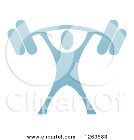 Clipart of a Blue Man Lifting a Heavy Barbell over His Head - Royalty Free Vector Illustration by AtStockIllustration