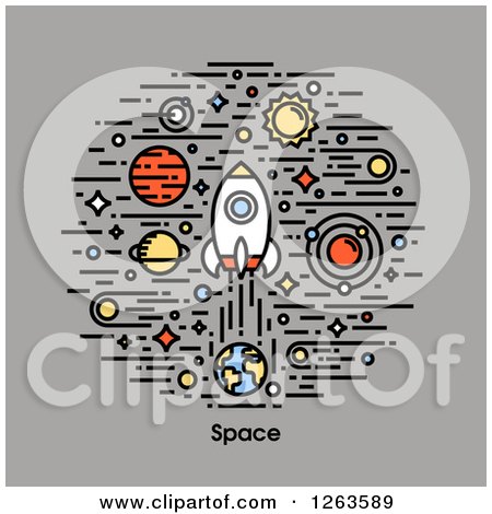 Clipart of a Rocket with Planets and Stars over Gray and Space Text - Royalty Free Vector Illustration by elena