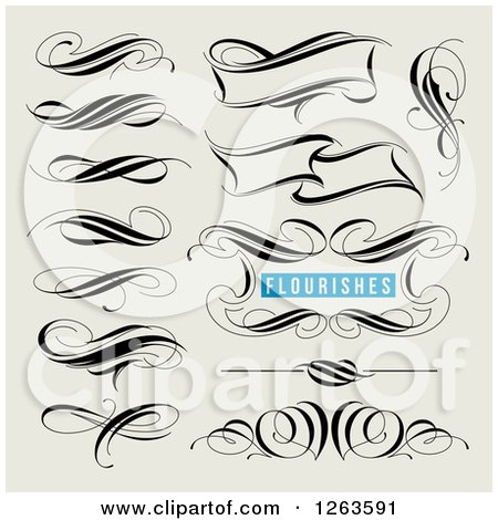 Clipart of Black Calligraphic Flourishes on Tan - Royalty Free Vector Illustration by elena