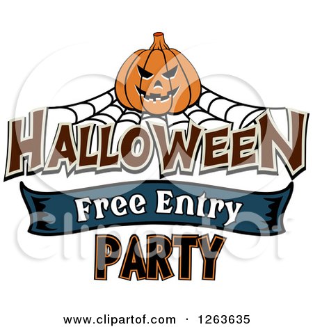 Clipart of a Jackolantern and Web over Halloween Free Entry Party Text - Royalty Free Vector Illustration by Vector Tradition SM