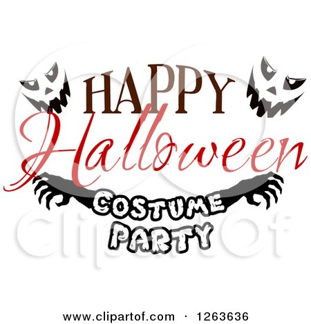 Clipart of a Happy Halloween Greeting with Jackolantern Faces and Costume Party Text - Royalty Free Vector Illustration by Vector Tradition SM