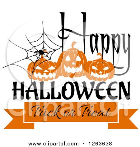 Clipart of a Spider Web with Jackolanterns and Happy Halloween Trick or Treat Text - Royalty Free Vector Illustration by Vector Tradition SM
