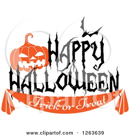 Clipart of a Jackolantern Bat and Happy Halloween Trick or Treat Text - Royalty Free Vector Illustration by Vector Tradition SM