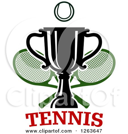 Clipart of a Tennis Ball over a Trophy Cup with Crossed Rackets over Text - Royalty Free Vector Illustration by Vector Tradition SM