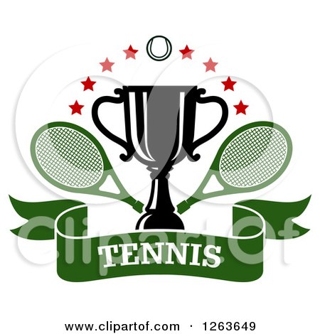 Clipart of a Tennis Ball and Stars over a Trophy Cup with Crossed Rackets over a Green Text Ribbon Banner - Royalty Free Vector Illustration by Vector Tradition SM