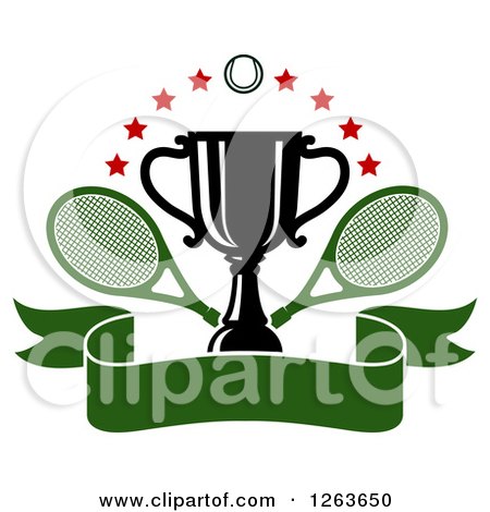 Clipart of a Tennis Ball and Stars over a Trophy Cup with Crossed Rackets over a Blank Green Ribbon Banner - Royalty Free Vector Illustration by Vector Tradition SM