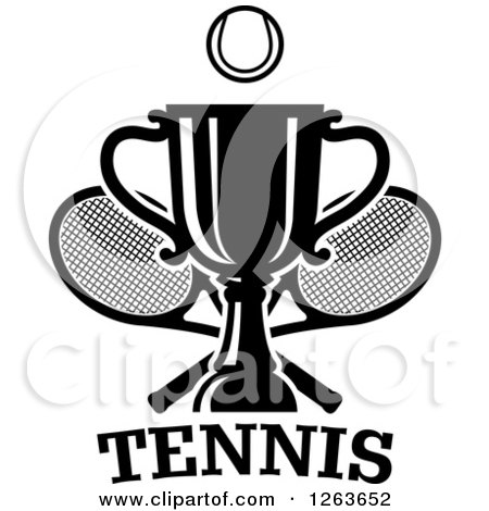 Clipart of a Black and White Tennis Ball over a Trophy Cup with Crossed Rackets over Text - Royalty Free Vector Illustration by Vector Tradition SM