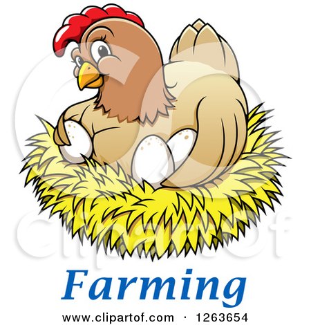 Clipart of a Happy Hen Hugging Chicken Eggs in a Nest over Farming Text - Royalty Free Vector Illustration by Vector Tradition SM