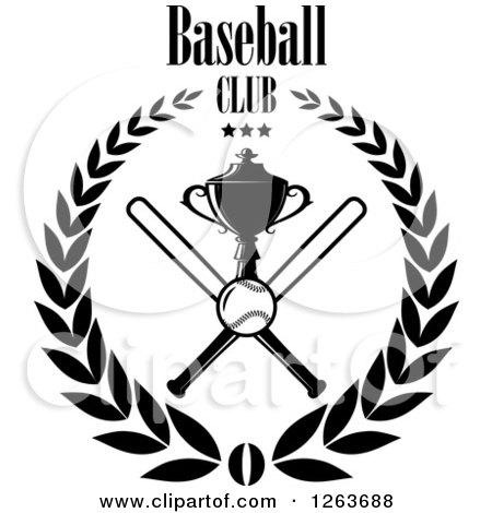 Clipart of a Black and White Trophy Cup with Crossed Bats a Baseball and Stars in a Laurel Wreath Under Text - Royalty Free Vector Illustration by Vector Tradition SM