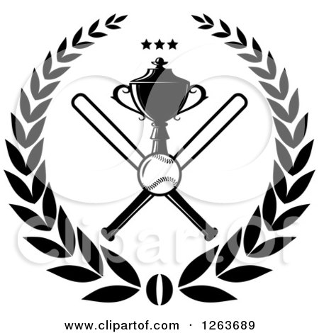 Clipart of a Black and White Trophy Cup with Crossed Bats a Baseball and Stars in a Laurel Wreath - Royalty Free Vector Illustration by Vector Tradition SM