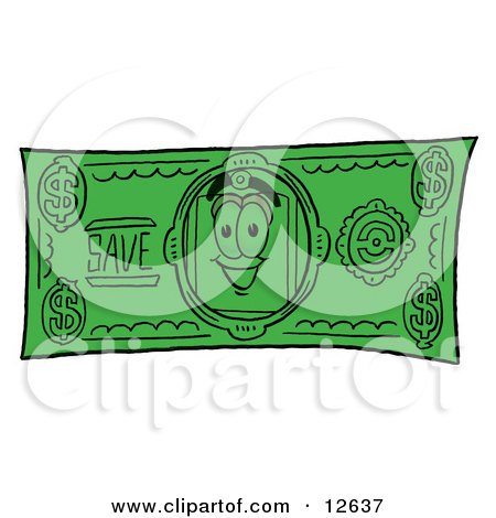 Clipart Picture of a Price Tag Mascot Cartoon Character on a Dollar Bill by Mascot Junction