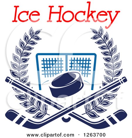 Clipart of a Blue Hockey Puck and Crossed Sticks over a Goal Net in a Laurel Wreath with Text - Royalty Free Vector Illustration by Vector Tradition SM