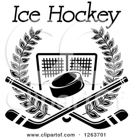 Clipart of a Black and White Hockey Puck and Crossed Sticks over a Goal Net in a Laurel Wreath with Text - Royalty Free Vector Illustration by Vector Tradition SM