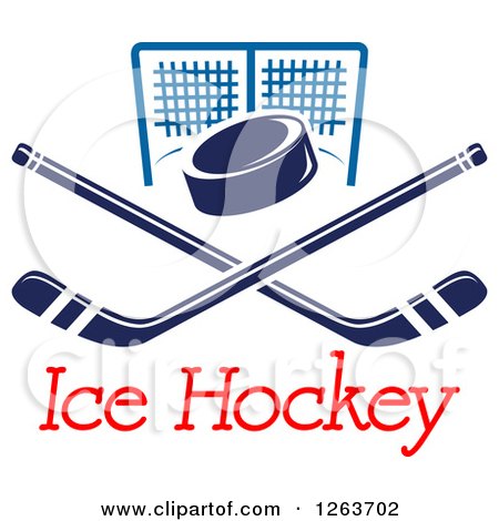 Clipart of a Hockey Puck over Crossed Sticks and a Goal Net with Text - Royalty Free Vector Illustration by Vector Tradition SM