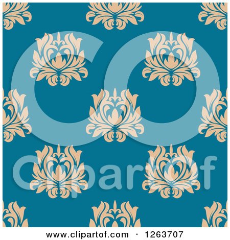 Clipart of a Seamless Pattern Background of Vintage Tan Floral Damask on Blue - Royalty Free Vector Illustration by Vector Tradition SM
