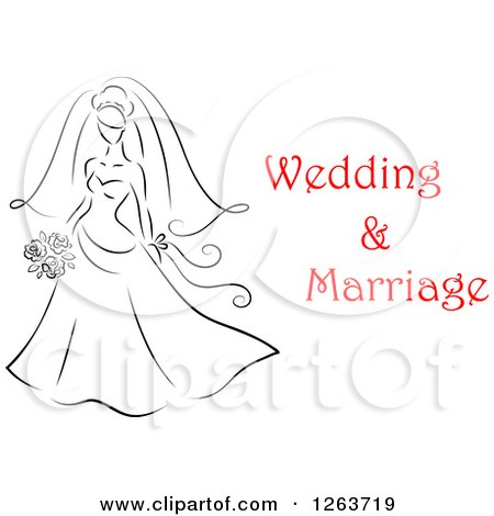 Clipart of a Black and White Sketched Bride with Red Wedding and Marriage Text - Royalty Free Vector Illustration by Vector Tradition SM