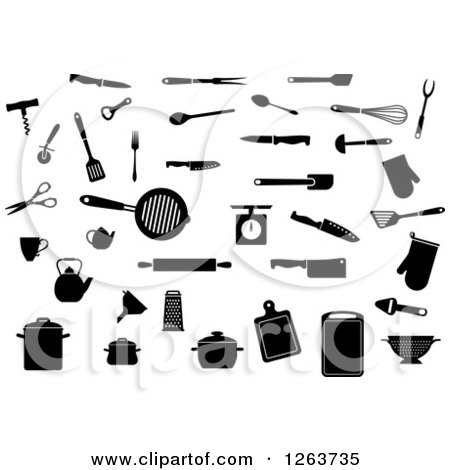 Clipart of Black and White Silhouetted Kitchen Utensils - Royalty Free Vector Illustration by Vector Tradition SM