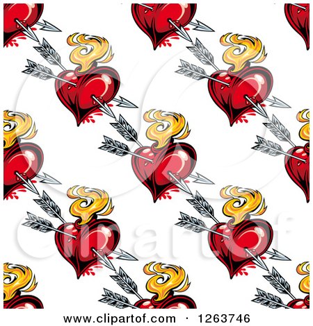 Clipart of a Seamless Pattern Background of Cupid Arrows Through Flaming Hearts - Royalty Free Vector Illustration by Vector Tradition SM