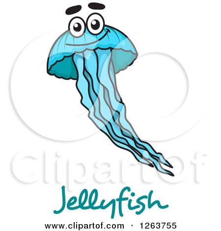 Clipart of a Happy Blue Jellyfish over Text - Royalty Free Vector Illustration by Vector Tradition SM