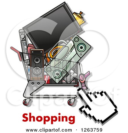 Clipart of a Hand Cursor over a Cart Full of Electronics and Shopping Text - Royalty Free Vector Illustration by Vector Tradition SM