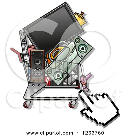 Clipart of a Hand Cursor over a Shopping Cart Full of Electronics - Royalty Free Vector Illustration by Vector Tradition SM