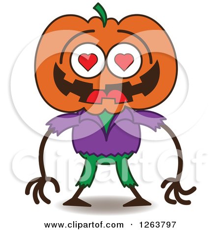 Clipart of a Halloween Jackolantern Scarecrow in Love - Royalty Free Vector Illustration by Zooco