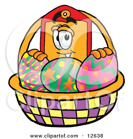 Clipart Picture of a Price Tag Mascot Cartoon Character in an Easter Basket Full of Decorated Easter Eggs by Mascot Junction