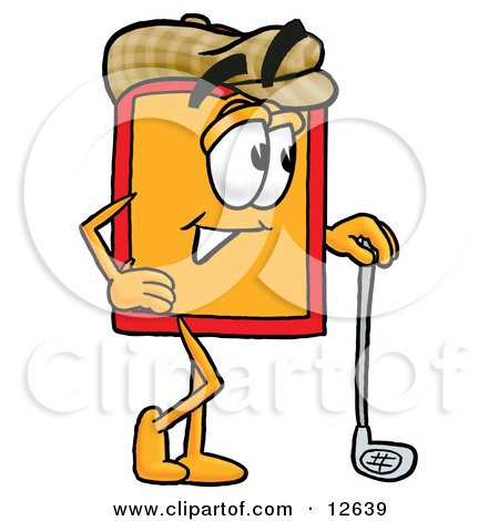Clipart Picture of a Price Tag Mascot Cartoon Character Leaning on a Golf Club While Golfing by Mascot Junction