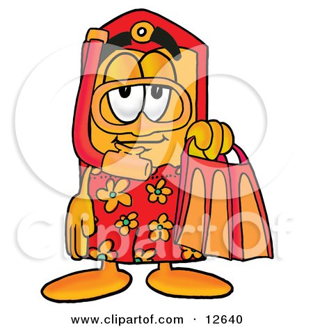 Clipart Picture of a Price Tag Mascot Cartoon Character in Orange and Red Snorkel Gear by Mascot Junction