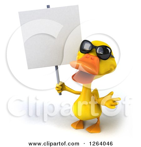 Clipart of a 3d Yellow Duck Wearing Sunglasses and Holding a Blank Sign ...