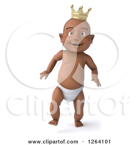 Clipart of a 3d Black Baby Boy Wearing a Crown and Walking - Royalty Free Vector Illustration by Julos