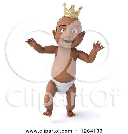 Clipart of a 3d Black Baby Boy Wearing a Crown and Walking - Royalty Free Vector Illustration by Julos