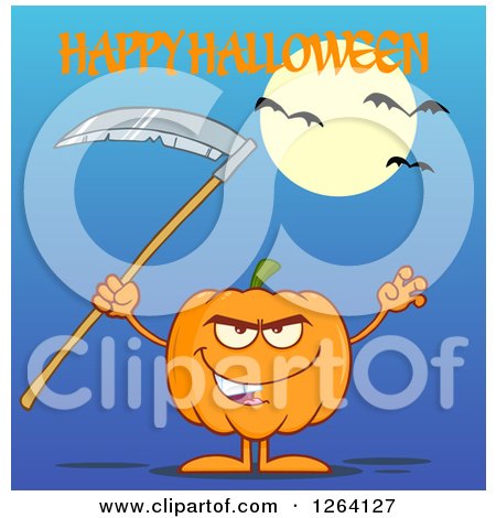 Clipart of a Pumpkin Character Holding a Scythe Under Happy Halloween Text - Royalty Free Vector Illustration by Hit Toon