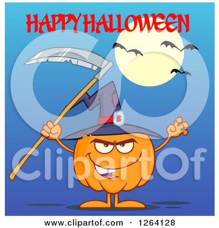 Clipart of a Pumpkin Character Wearing a Witch Hat and Holding a Scythe Under Happy Halloween Text - Royalty Free Vector Illustration by Hit Toon