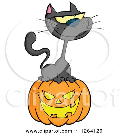 Clipart of a Black Cat Sitting on a Halloween Jackolantern Pumpkin - Royalty Free Vector Illustration by Hit Toon