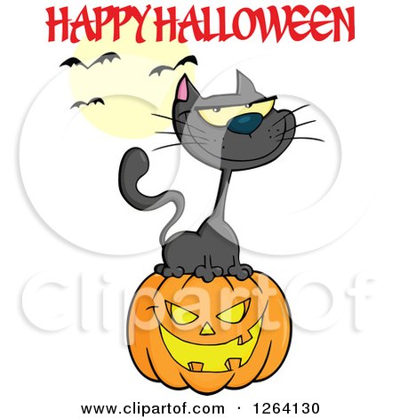 Clipart of a Black Cat Sitting on a Jackolantern Pumpkin Under Happy Halloween Text - Royalty Free Vector Illustration by Hit Toon