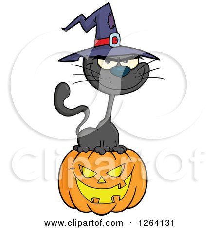 Clipart of a Black Witch Cat Sitting on a Halloween Jackolantern Pumpkin - Royalty Free Vector Illustration by Hit Toon