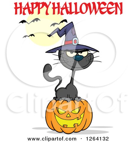 Clipart of a Black Witch Cat Sitting on a Jackolantern Pumpkin Under Happy Halloween Text - Royalty Free Vector Illustration by Hit Toon