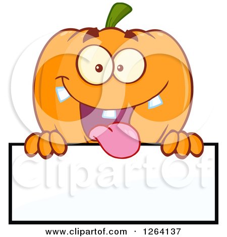 Clipart of a Happy Pumpkin Character over a Blank Sign - Royalty Free Vector Illustration by Hit Toon